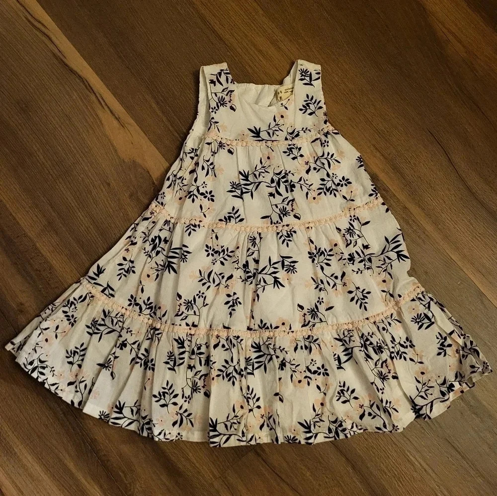 Floral Sleeveless Kids Casual Dress - Cream and Blue